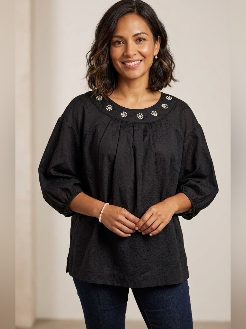 3.1 Phillip Lim Embroidered Round-Neck Black Women's Blouse cotton silk size 4